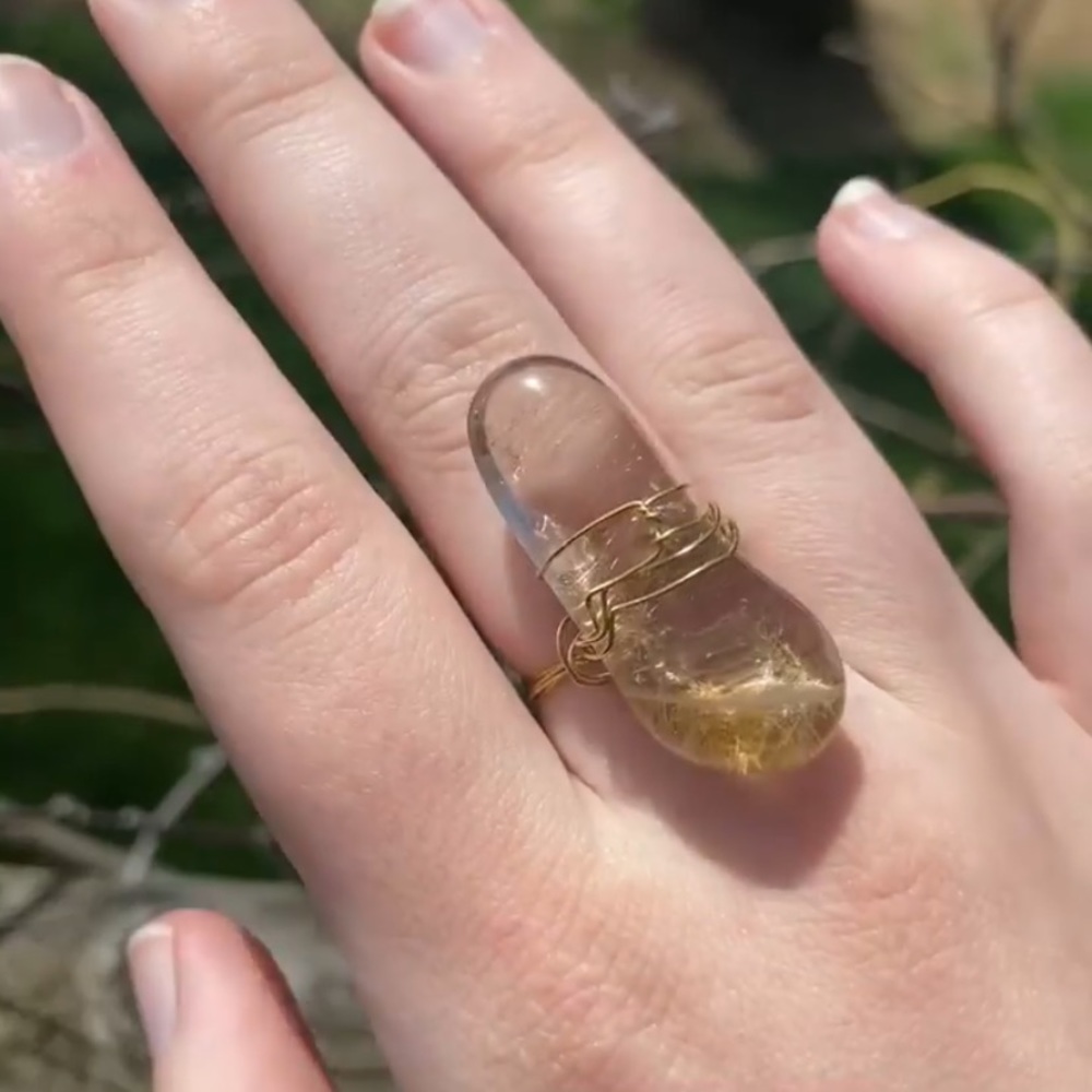 Rutilated Quartz crystal gold color wire wrapped ring